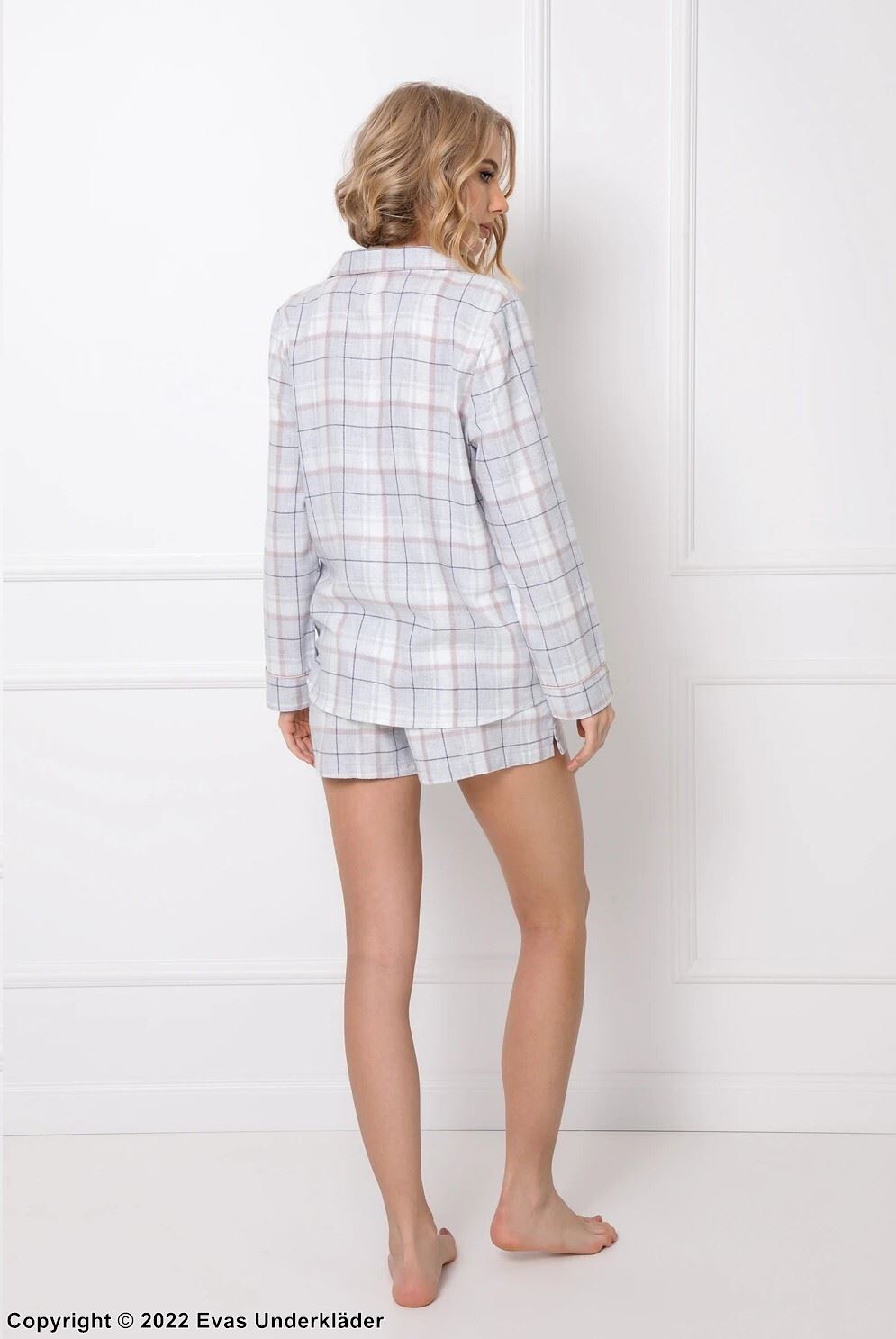 Top and shorts pajamas, bow, long sleeves, pocket, checkered pattern